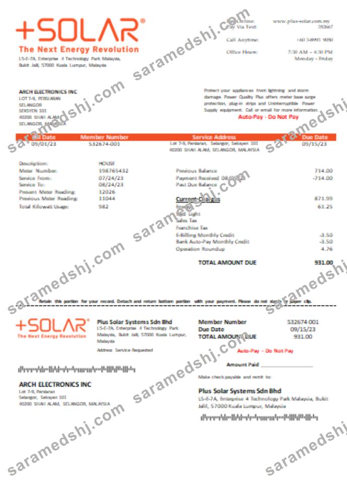 Plus Solar Systems Sdn Bhd utility business bill,  SCR